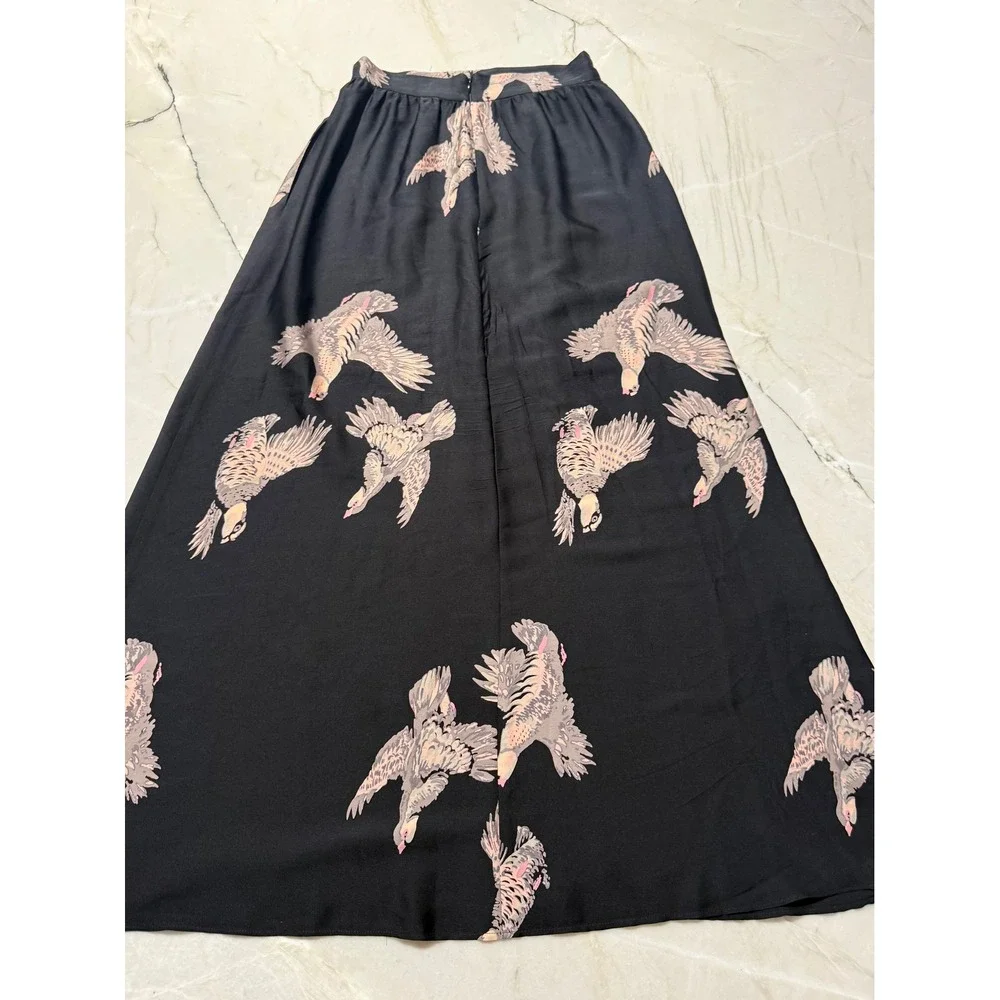 Tucker Gaby Basora Black Bird Print Silk Maxi Skirt Womens XS High Waist Boho